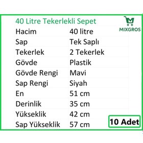 Resim Tekerlekli Plastik Market Alışveriş El Sepeti 40 Litre Mavi 10 Adet 