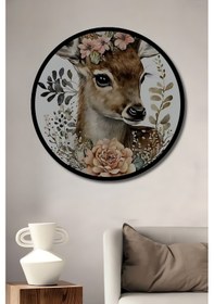 Resim Bebek Geyik Çiçek Tacı Sulu Boya Görünümlü Ahşap Tablo Yuvarlak Duvar Tablosu Çerçeve Görünümlü-755-4393 - 45 X 45 