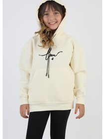 Resim Kapşonlu Love Baskılı Kanguru Cepli Kız Çocuk Sweatshirt-90859 Krem 