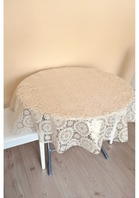 Resim Üstü Şeffaf Muşamba Kaplama Dantel Görünüm Yuvarlak Masa Örtüsü -137 Cm Çap -krem Renk-çiçek 