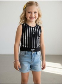 Resim Kız Çocuk Pamuklu Çizgili Crop Bluz-16801 Siyah 