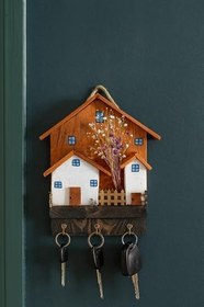 Resim Bahçeli Ev Tasarımlı Çiçekli Dekoratif 3 Kancalı Ahşap Duvar Anahtarlık Askısı 