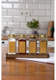 Resim Mienda Home 4'lü Ahşap Standlı Cam Baharatlık Seti Gold Kapaklı Etiketli Baharatlık Takımı Mh01gld04 Gold - Şeffaf 