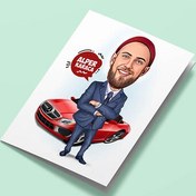 Resim Havalı Spor Arabalı Erkek Karikatürlü Tebrik Kartı 