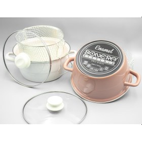Resim Bonera Emaye Cam Kapaklı Beyaz Kızartma Tenceresi 22cm Krem 