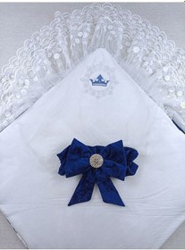 Resim Yenidoğan Saray Kadife Taç Nakışlı İnci Fiyonklu Çift Dantel Duvak Trilüks Kundak Bebek Battaniyesi 