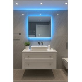 Resim Digital Hayat Buğu Çözücü Dokunmatik Dimlenebilir Kare Ayna Mavi Işıklı Led Dekoratif Banyo Makyaj Aynası Mavi 