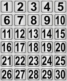 Resim Metal Kapı,masa,dolap Numarası 15cmX15cm 30 Adet (1..30) Gümüş Renk Metal 