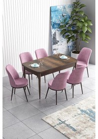 Resim Canisa Han Serisi, Barok Ahşap Desen 70x114, Açılabilir Mdf Yemek Odası Takımı, 6 Pembe Sandalye Masa Barok Sandalyeler Pembe 