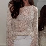 Resim Kadınların şık dantel yeleği - Dantel detaylı, uzun kollu, yuvarlak yaka file top, şeffaf dantel detaylı, beige şık bahar/yaz bluzu, bayan bluzları 