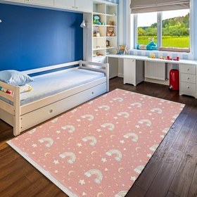 Resim Pembe Figürlü Modern Geometrik Etnik Eskitme Desenli Boho Makinada Yıkanabilir Hafif Hav Toz Vermez Leke Tutmaz Kaymaz Taban Dijital Makine Baskı Halı Oturma Odası Salon Yolluk Koridor Mutfak Halısı 