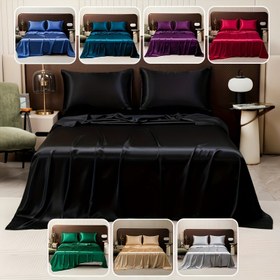 Resim 3 adet Lüks Saten Düz Çarşaf ve 2 Yastık Kılıfı Seti, Polyester, Baskısız, 80-85gsm, Makinede Yıkanabilir, Otel, Yatak Odası, Oturma Odası, Yatak Sateni için 