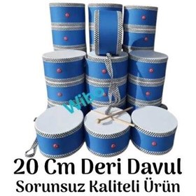 Resim WİBO Askılı Ahşap Deri Çocuk Davulu Deri Davul 20 Cm Mavi 2 Adet Tokmaklı 