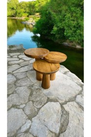 Resim Simillo Home&Living Wood Wooden Ahşap 3’lü Set Fitilli Mantar Yan Sehpa Modern Tütün Renk Fiskos 