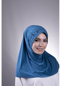 Resim Hürrem Bone P. Mavisi Pratik Hazır Geçmeli Tesettür Eşarp Sandy Kumaş Elişi Çiçek İşlemeli Pullu 1604 17 