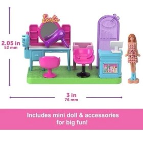 Resim Hype Store Mini Barbieland Koleksiyona Uygun Oyun Seti, 4 Cm'lik Bebek, Aynalı Kuaför Tezgahı, Şampuan Bölümü ve Hikaye Anlatımına Yönelik Karşılama Masası ile Kuaför Salonu, JCR32 
