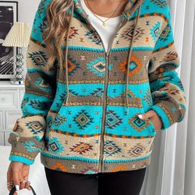 Resim Kadınlar için Rahat Geometrik Baskılı Kapüşonlu Ceket - Yumuşak ve Rahat, Bağcıklı, Rahat İlkbahar/Sonbahar Giyimi, Rahat Giyim Kapüşonu | Canlı Kapüşon | Kablo Örgülü Kapüşon, Kazak Kapüşon 