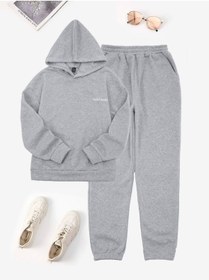 Resim CLAYES California Minimal Yazı Eşofman Takımı Sweatshirt Jogger - Gri Baskılı Oversize Şardonlu Kapüşonlu 