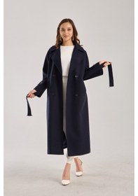 Resim Lacivert Regular Kemerli Kaşe Kaban Lacivert 