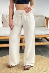 Resim jsshop collection HAWAİİ Kadın Keten Beli Lastik Bağlamalı Yüksek Bel Geniş Kesim Cepli Yazlık Pantolon 
