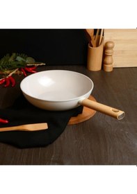 Resim Belarıva 28 Cm Beyaz Ahsap Saplı Wok Tava Beyaz - Siyah 