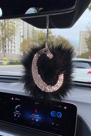 Resim Arabasına Aşıklar Kulübü Gümüş Taşlı Dikiz Ayna Kolye Süsü Siyah Tüylü C Harfi 