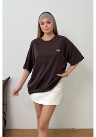 Resim Giysa Kadın Bisiklet Yaka Nakışlı %100 Pamuklu T-shirt Kahverengi - 26y 26507 