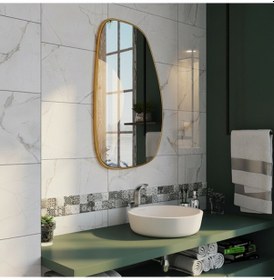 Resim 60x96 Cm Modern Organik Form Banyo Aynası Altın Çerçeveli Asimetrik Duvar Aynası Minimalist Şık Dekor Ayna Altın 