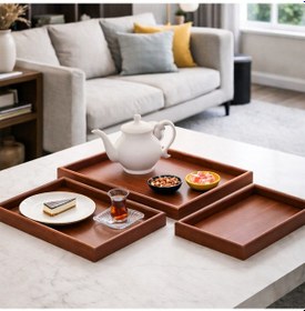 Resim Porsima 130105045 Ahşap Tepsi 3lü Set Çay Kahve Bambu Sunumu Tepsi Seti Ahşap 