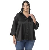 Resim Büyük Beden Duble Katlamalı Truvakar Kollu Saten Siyah Gömlek Siyah 