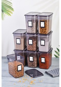 Resim 9'lu Etiketli Jumbo Boy Dikdörtgen Erzak Saklama Kabı Seti 2000ml Antrasit 