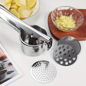 Resim Paslanmaz Çelik Patates Ricer – Patates, Meyveler, Sebzeler, Yamalar, Kabak, Bebek Maması ve Daha Fazlası İçin Manuel Masher – İnce, Orta ve Kaba Tahılar İçin 3 Değiştirilebilir Disk, Kullanımı Kolay, Manuel Masher Ricer Mutfak Aracı 