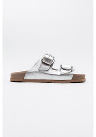 Resim Luvishoes Luvi Shoes Ovesta Gümüş Hakiki Deri Çift Bantlı Kadın Terlik Gümüş 