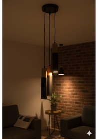 Resim Masif Ahşap & Metal Üçlü Spot Sarkıt Aydınlatma Modern Silindir Tasarım Ahşap - Siyah 