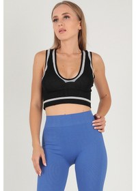 Resim Doremi Seamless Crop Renk Bloklu Spor Bluz Siyah 