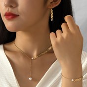 Resim 4 adet Set Trendy Minimalist Buğday Sahte İnci Kolye Ayarlanabilir Teleskopik Kolye, Moda Yaka Zinciri Bileklik Küpe Takı Günlük Giyim için, Arkadaşlar ve Aile için Hediye 