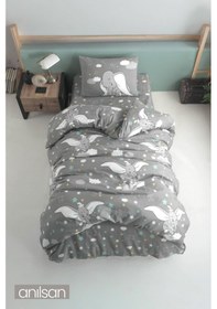 Resim Sevimli Fil Desenli Baskılı Çocuk Nevresim Takımı Tek Kişilik Yumuşak Pamuklu Kumaş Gri 