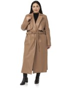 Resim Büyük Beden Büzgülü Kemerli Rüzgarlıklı Uzun Deri Astarlı Vizon Kaban-vizon Vizon 