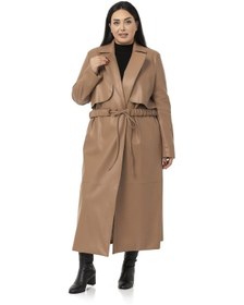 Resim Büyük Beden Büzgülü Kemerli Rüzgarlıklı Uzun Deri Astarlı Vizon Kaban-vizon Vizon 