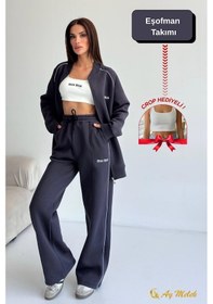 Resim Kadın Eşofman Takımı 3 İplik Şardonlu Kışlık Crop Hediyeli Alt-üst Takım Gri 