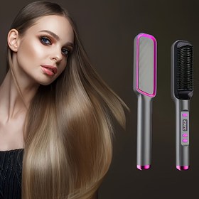 Resim 2'si 1 arada İyonik Saç Düzleştirici Fırça Sıcaklık Kontrolü ile - Tüm Saç Tipleri için Kaplı Kıllar, Ergonomik Sap, Dijital Ekran, Kadınlar için Mükemmel Hediye 