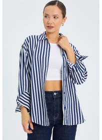 Resim Mixray 4611 Kadın Apolet Detaylı Çizgili Gömlek Lacivert 