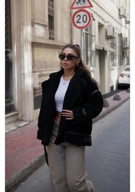 Resim Cıt Cıt Detaylı Peluş Mont Ceket - Siyah Siyah 