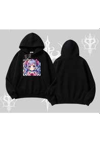 Resim Kapşonlu Sweatshirt Hello Anime Kız Sevimli Karakter Baskılı Siyah 