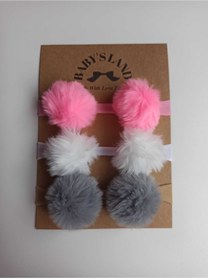 Resim Babyland Kız Çocuk / 3 Renkli Ponponlu Lastik Bandana 3 Lü Set 