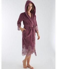 Resim Dantelli Uzun Kapüşonlu Triga Bambu Cotton Bayan Bornoz Gül Kurusu 