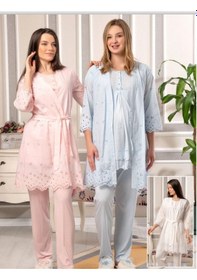 Resim Bone Club 5816 Mavi Vual Penye Hamile Lohusa 3 Lü Pijama Sabahlık Tk 001 