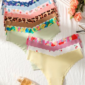 Resim 12 adet Kadınların Dalga Kenarlı Dikişsiz Kabarık Dar Kalın İç Çamaşırı Tek Parça Rahat Nefes Alabilen Elastik Pürüzsüz Baskılı Üçgen Pantolon Dört Mevsim ve Günlük Giyim Kadın İç Çamaşırı ve Külot 