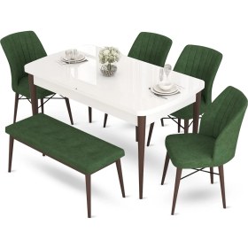 Resim Canisa Concept Aya Serisi 80 x 132 cm Beyaz Masa Ceviz Ayak Mutfak Masa Takımı 4 Sandalye 1 Bench 