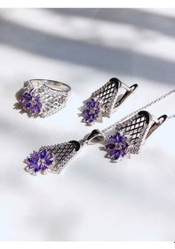 Resim Gümüş Ametist Taşlı Otantik Tasarım Kolye Küpe Yüzük Kadın Set 